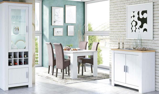 Salón completo Roncal 13 de estilo moderno, compuesto por vitrina con luz LED, mesa de comedor extensible y sillas tapizadas.