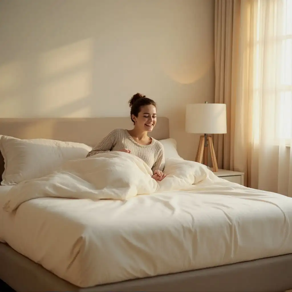 Mujer relajándose en un dormitorio luminoso sobre un de los mejores colchones transpirable para personas calurosas