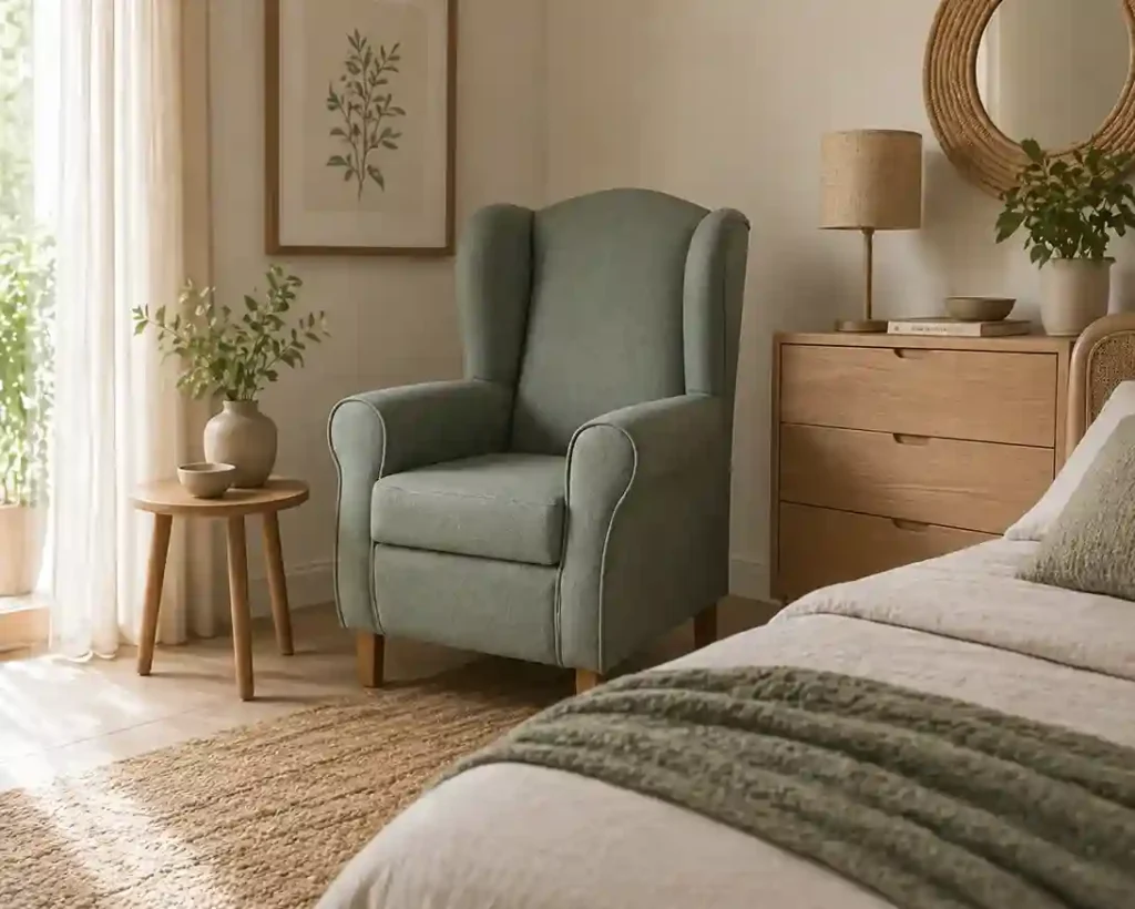 Butaca de dormitorio Altea tapizada en dormitorio con tonos naturales