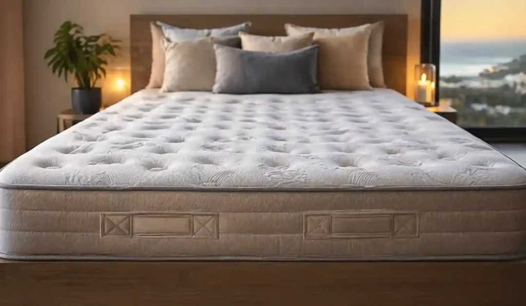 Colchón premium en habitación con tonos naturales y vista a paisaje exterior