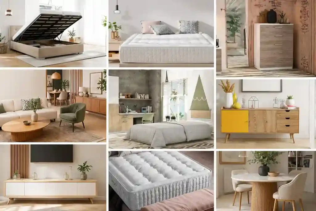 Tendencias en muebles 2026 con camas, mesas, comedores, bases o estantes