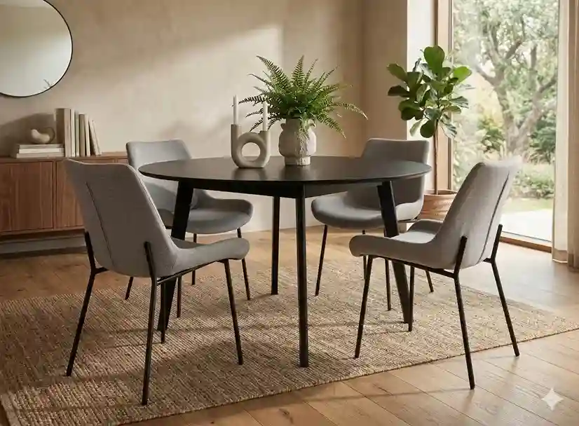 Conjunto mesa y sillas en salón elegante con tonos naturales