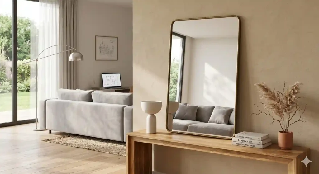 En espejos decorativos el estilo rectangular predomina en salones minimalistas