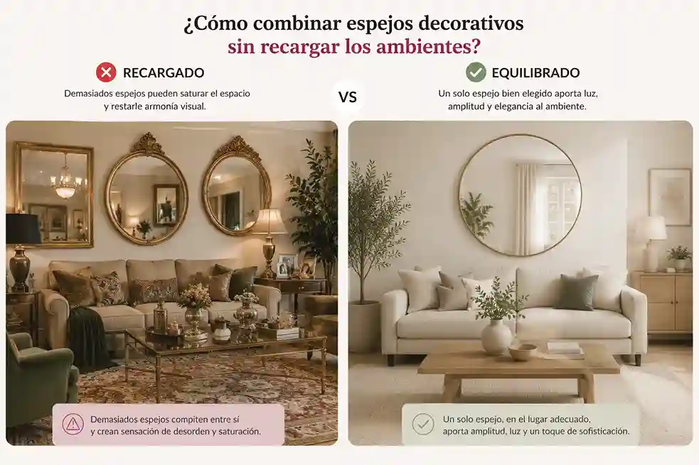 Combina espejos decorativos sin recargar los espacios, fomenta un estilo minimalista y el uso de un solo espejo en salones