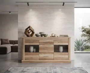 Aparadores modernos en salón de lujo con tonos naturales
