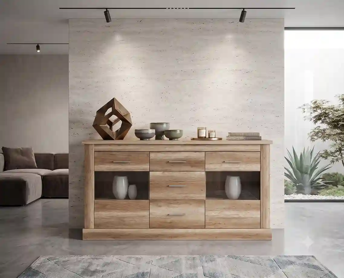 Aparadores modernos en salón de lujo con tonos naturales