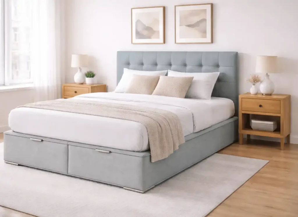 Cabeceros de cama tapizados con canapé, colchón y almohadas