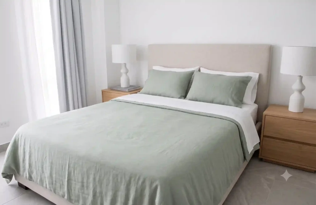 Cabeceros de cama tapizados en habitación estilo minimalista con mesitas y entrada de luz natural