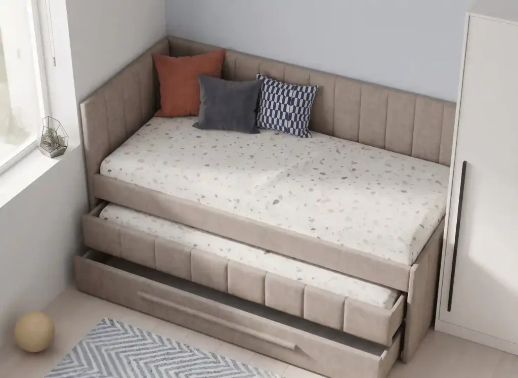 Salón de espacio reducido ideal para camas nido con tapizado elegante
