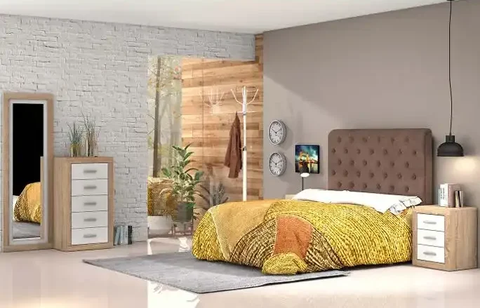 Muebles de dormitorio matrimonial con cabecero tapizado, sinfonier y mesitas de noche con 3 cajones