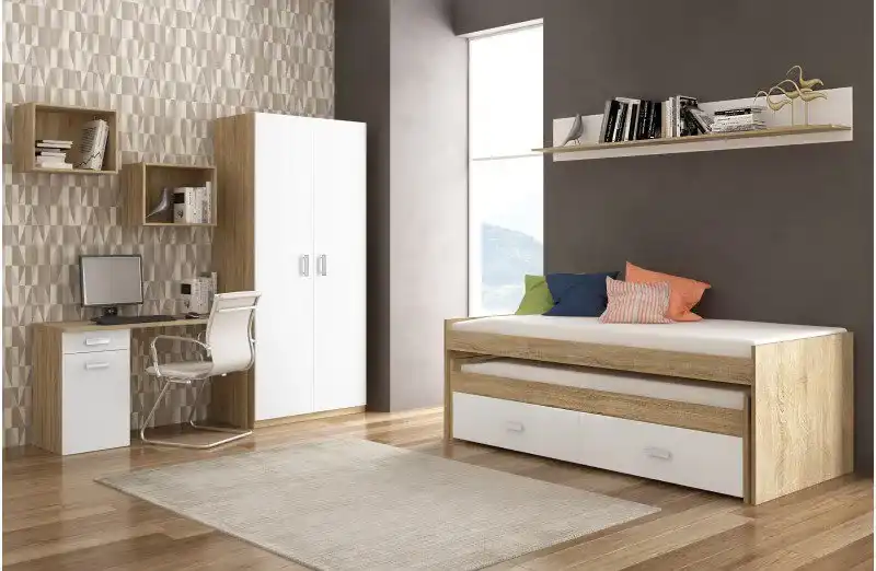 habitación de descanso con dormitorios juveniles, cama, escritorio y estantes de mayor capacidad de almacenamiento
