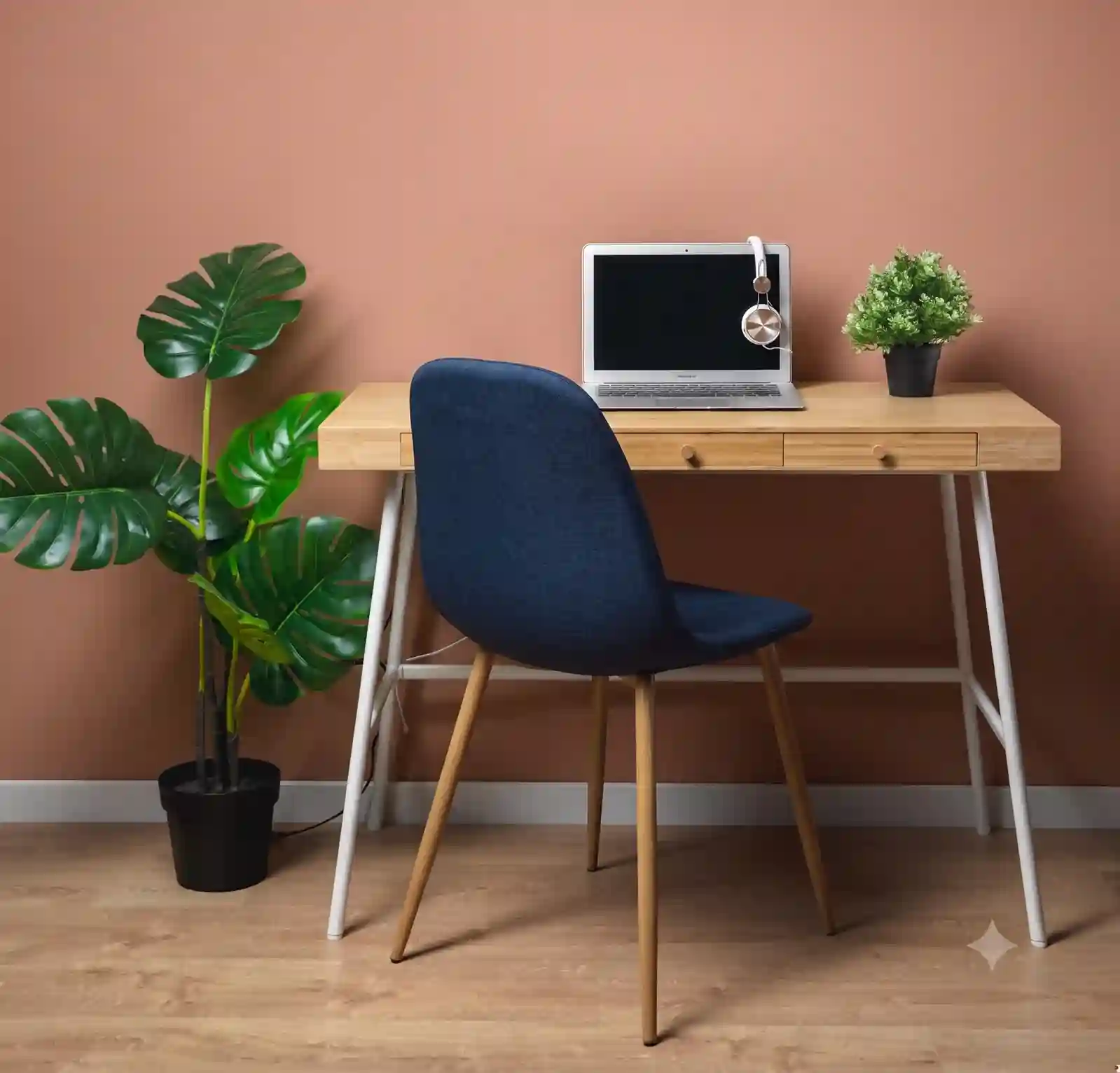 Escritorios para espacios pequeños con silla azul y tonos naturales