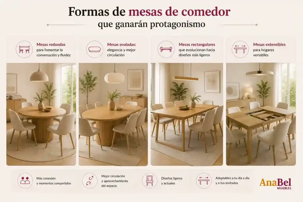 Mesas de comedor en diversas formas, redonda, rectangular, ovalada y extensible