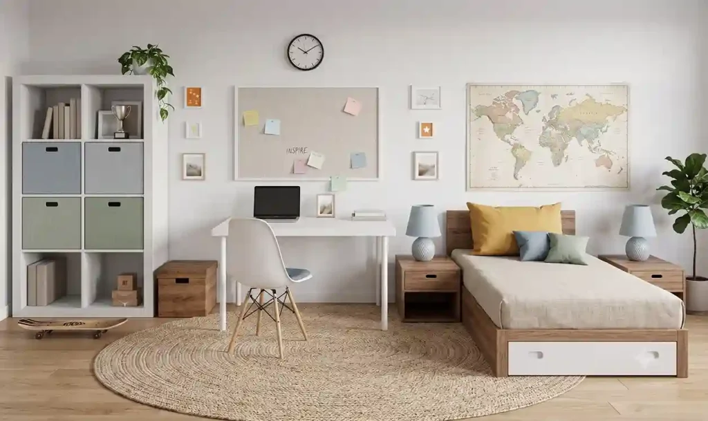 Habitación para dormitorios juveniles modernos con estante, mesa de estudio y cama canapé