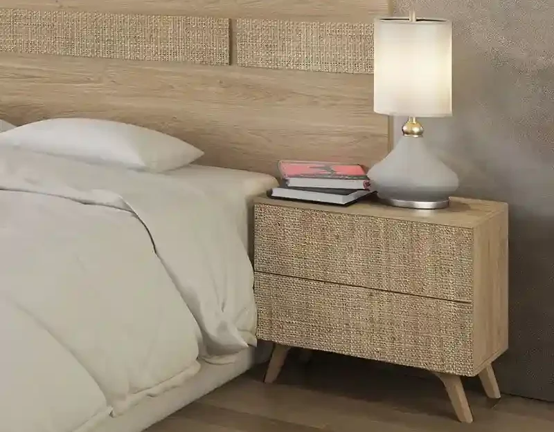 Mesitas de noche estilo nórdico con dos cajones en tonos de madera con textura