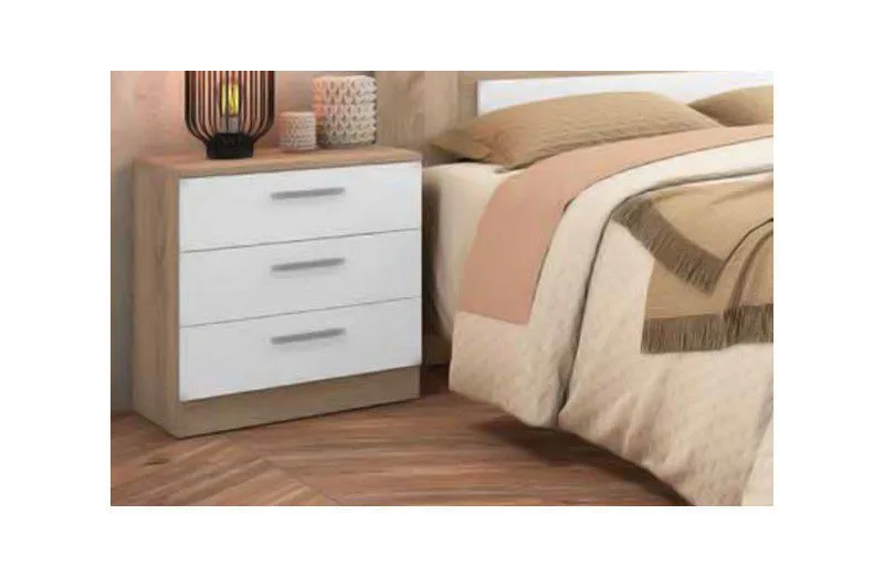 Mesitas de noche modelo Monika con tiradores metálicos y melamina de alta resistencia en habitación elegante