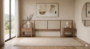 Mesitas de noche en habitación de estilo minimalista con cabecero de cama y entrada de luz natural