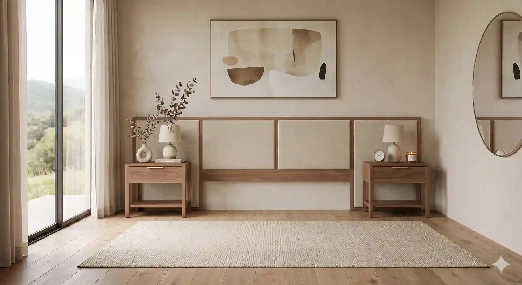 Mesitas de noche en habitación de estilo minimalista con cabecero de cama y entrada de luz natural