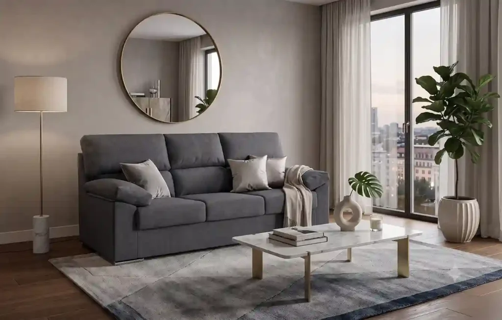 Sofás 3 plazas modelo Rubén desenfundable en salón elegante con espejo decorativo