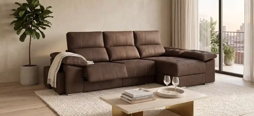 Gran formato de sofás Chaise Longue modelo Toyota en salón con tonos naturales