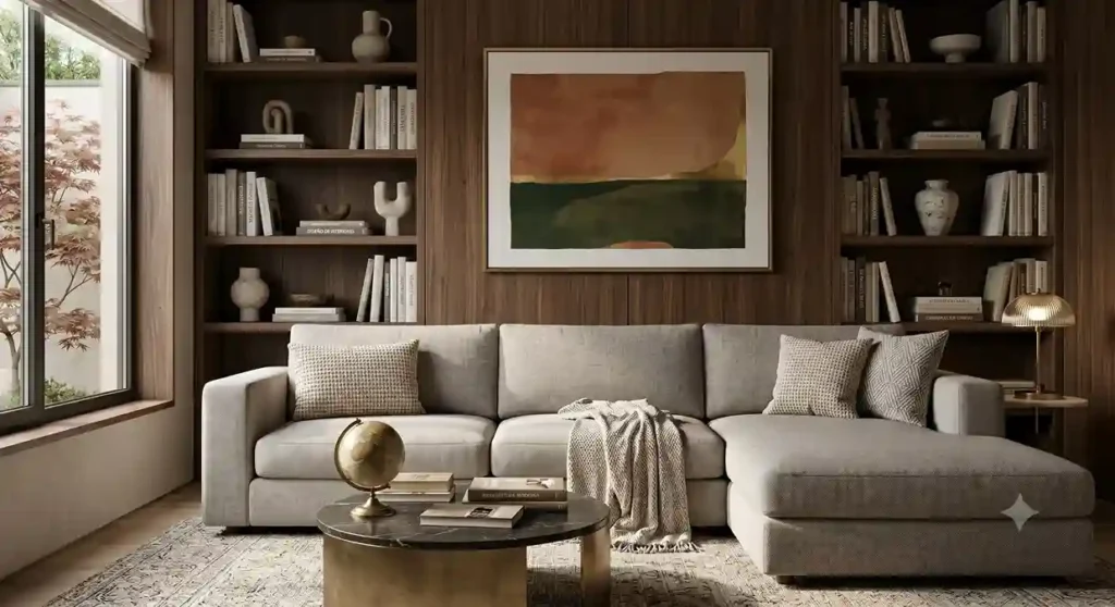 Sofá chaise longue moderno estilo minimalista en salón amplio con entrada de luz natural y tonos de madera nogal