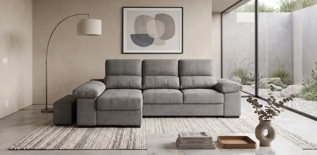 Vista frontal del sofá chaise longue anabel con cama y arcón de almacenaje extra en habitación moderna