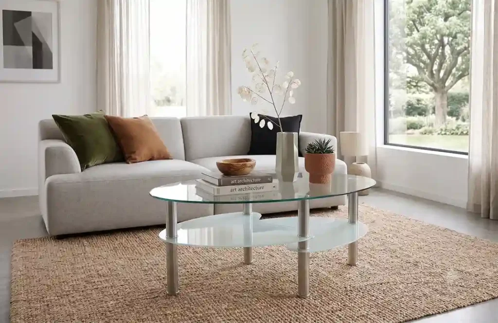 mesas de centro para espacios pequeños con cristales de lujo y diseño ergonómico en salón con entrada de luz natural