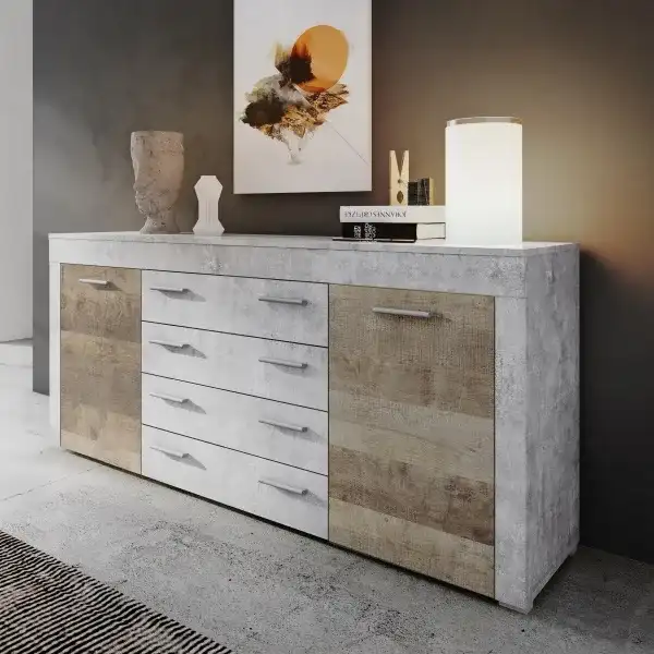 Aparadores modernos en gris estuco y roble laminado modelo London con dos puertas y cuatro cajones