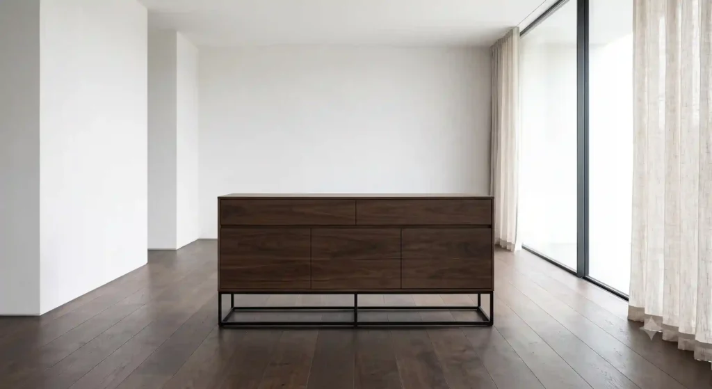 aparador moderno de estilo industrial y minimalista cálido en salón con entrada de luz natural