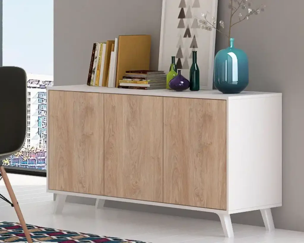 Aparadores modernos modelo Soto fabricado en melamina de alta calidad, resistente e impermeable en sala de comedor