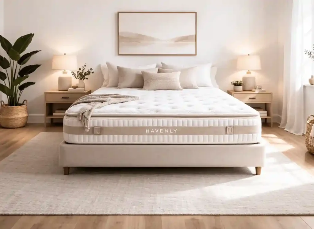Colchones con independencia de lechos modelo Havenly con soporte, mesitas de noche, cuadro decorativo y almohadas de visco