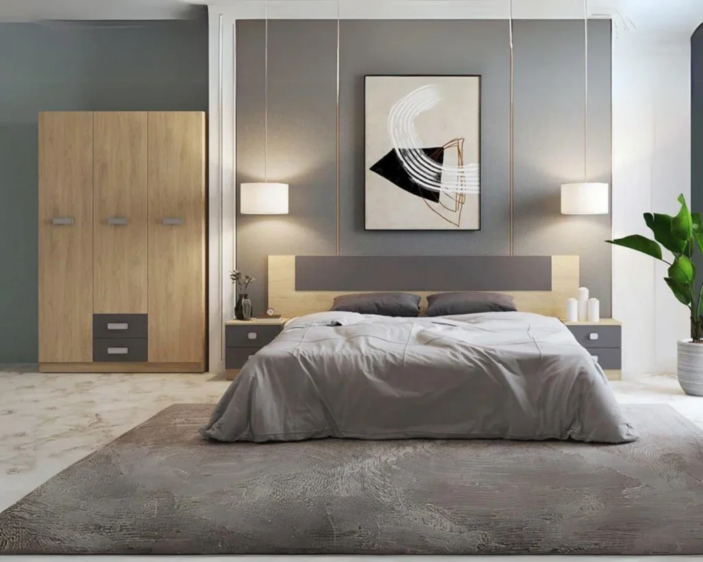 Dormitorios modernos en habitación con tonos grises y entrada de luz natural