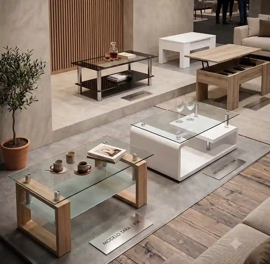 Salón con mesas de centro para espacios pequeños en estilos minimalista, nórdico, moderno y con cristales