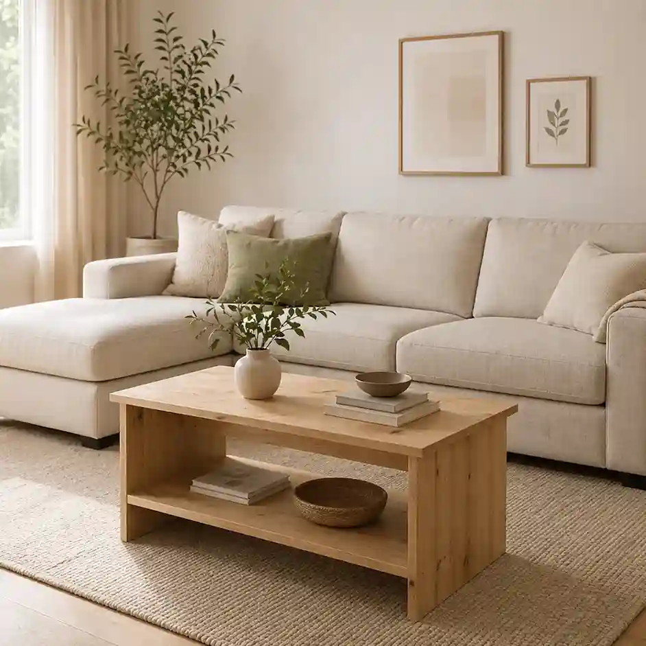 Mesas de centro para espacios pequeños modelo Tadashi en ambiente minimalista cálido con sofá chaise longue