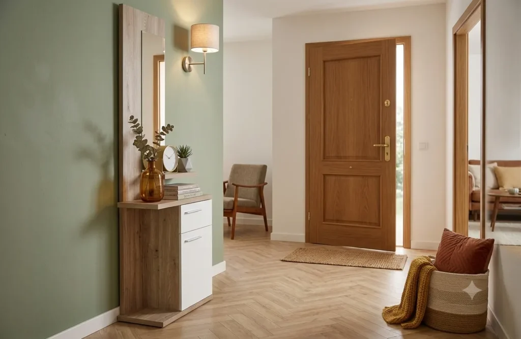 Muebles de entrada y recibidores de madera con espejo y capacidad de almacenaje