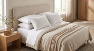 Almohadas sobre cama con colchón y cabecero estilo minimalista