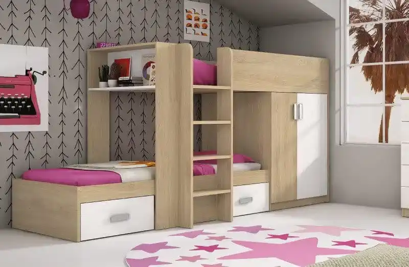 Literas juveniles modelo Cama Tren Donald en habitación decorada para adolescentes con armario y colchones