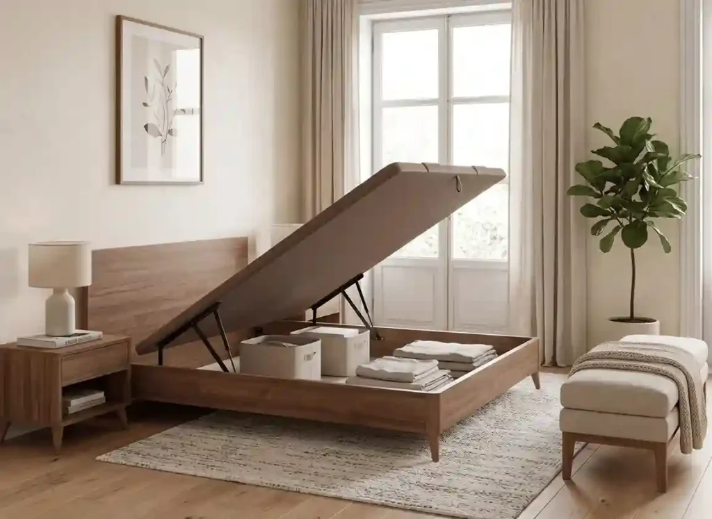 Pack de dormitorio de matrimonio completo moderno con canapé, mesitas de noche y cuadro decorativo en salón estilo minimalista