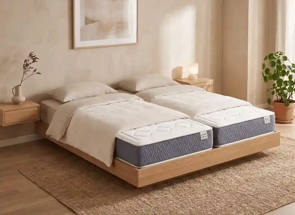 colchones con independencia de lechos modelo Eco Oro con muelles reforzados, soporte de madera, mesitas de noche y almohadas visco en habitación minimalista moderna