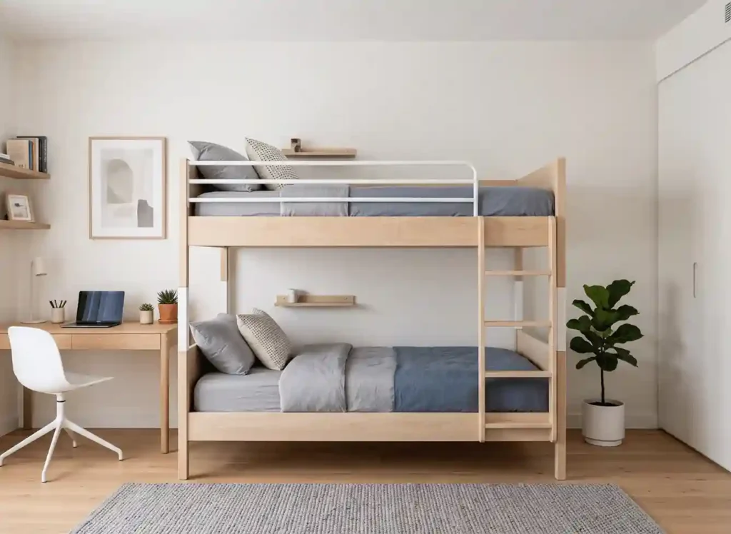 Ambiente minimalista elegante para dormitorio juvenil con litera, escritorio y armario con tonos naturales y madera