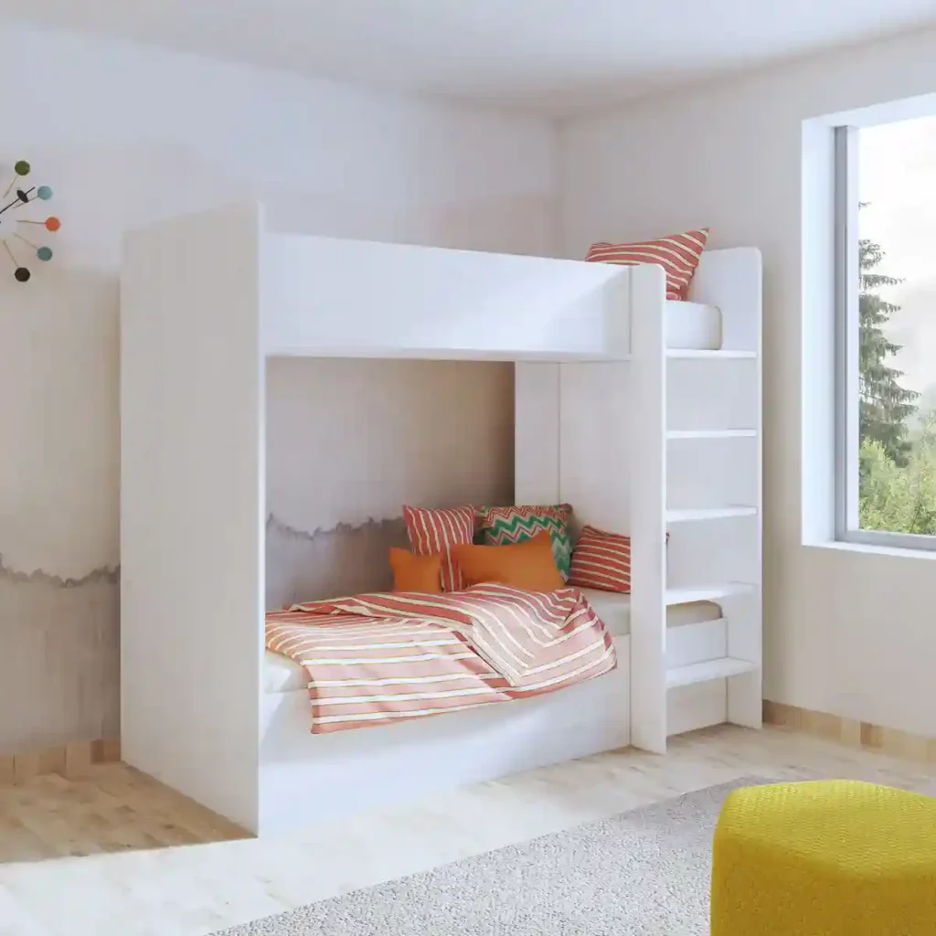 Literas juveniles modelo Donald con escaleras y recubrimiento de melamina resistente producto de la marca Anabel Muebles
