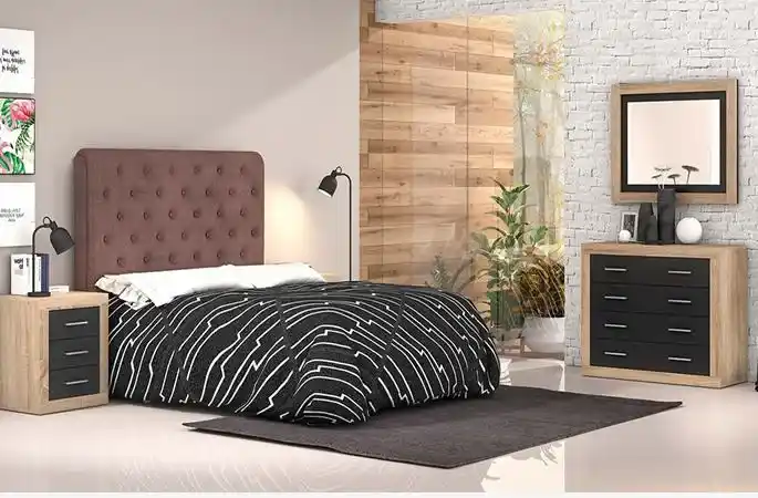 Pack de dormitorio de matrimonio moderno completo estilo Lara 31 con mesitas de noche, cómoda, cabecero y espejo decorativo