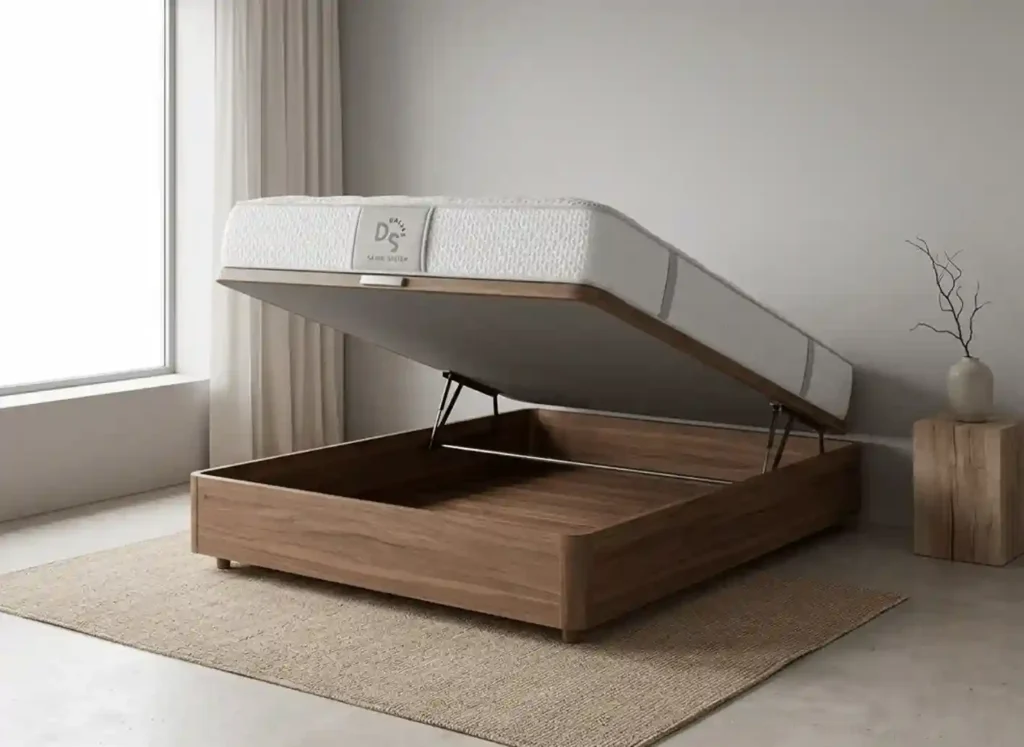 Packs canapé y colchón Dallas con soporte color nogal en habitación minimalista con entrada de luz natural y mesita de noche