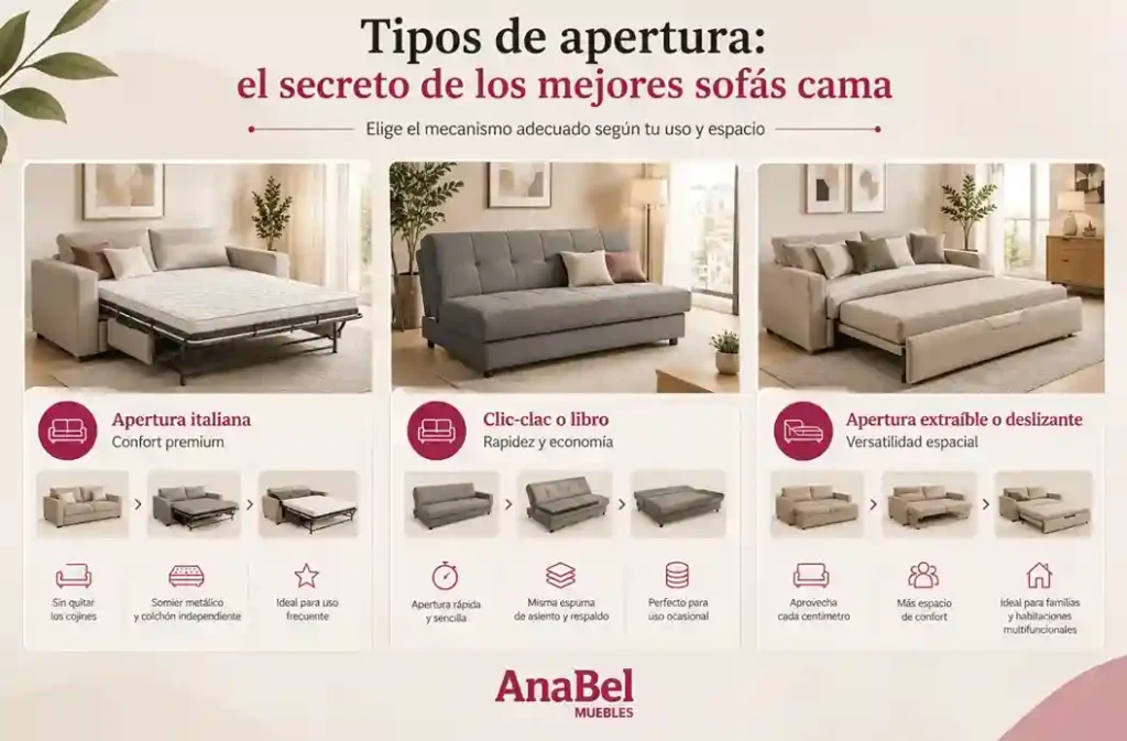 Mejores sofás cama del mercado con disitintos tipos de apertura que se adaptan a tus necesidades, con ambiente minimalista y decoración con tonos naturales