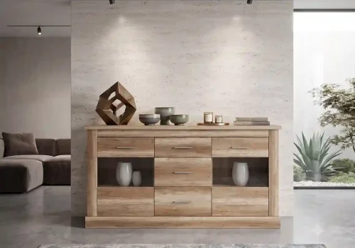 Aparadores modernos en salón de lujo con tonos naturales