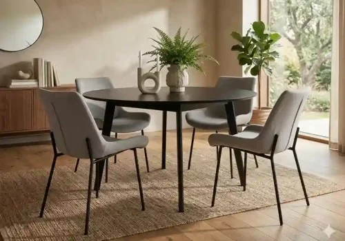 Conjunto mesa y sillas en salón elegante con tonos naturales