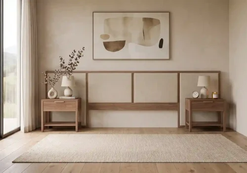Mesitas de noche en habitación de estilo minimalista con cabecero de cama y entrada de luz natural