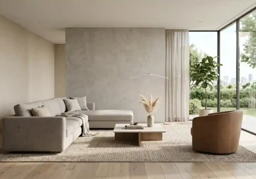 Sofás chaise longue en salón amplio con entrada de luz natural y apariencia de lujo