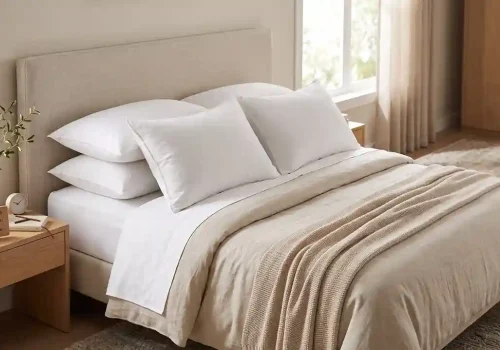 Almohadas sobre cama con colchón y cabecero estilo minimalista
