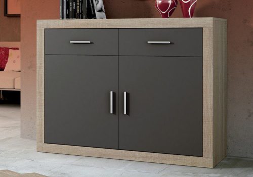 Aparador Lara de 120 cm con dos puertas y dos cajones, una solución de almacenaje elegante para el salón.